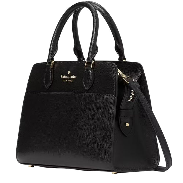 Side View of Kate Spade Madison Saffiano Leather Small Satchel Bag in Black kc437