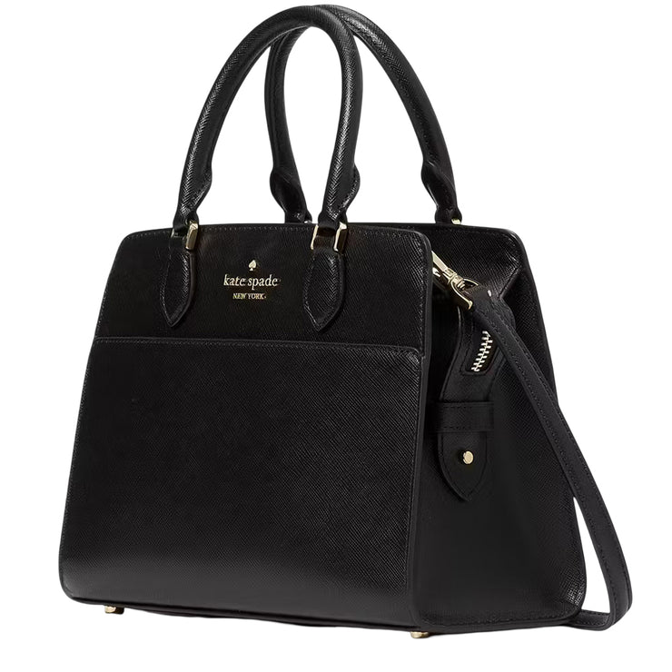 Side View of Kate Spade Madison Saffiano Leather Small Satchel Bag in Black kc437