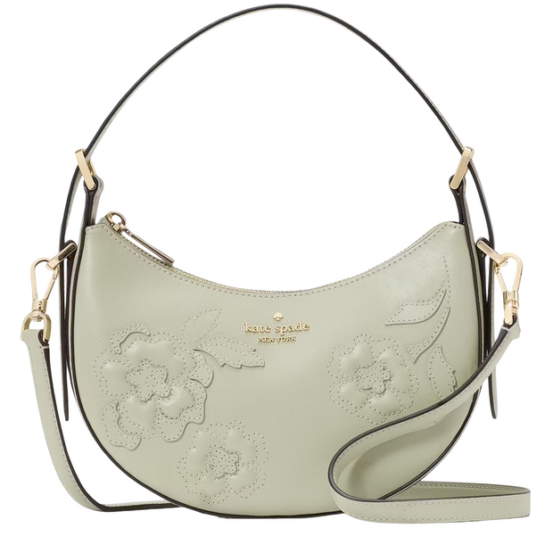 Front View of Kate Spade Nova Floral Applique Crescent Shoulder Bag - Sage Bundle KL938