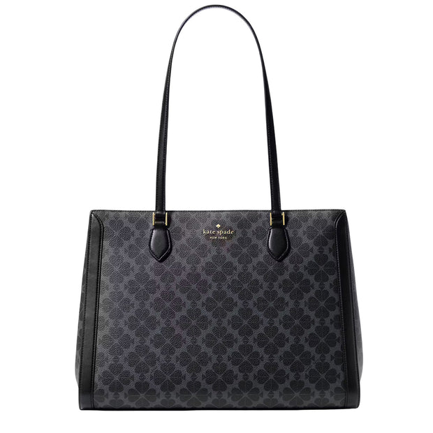 Front View of Kate Spade Signature Spade Flower East West Large Laptop Tote Bag - Black KI791