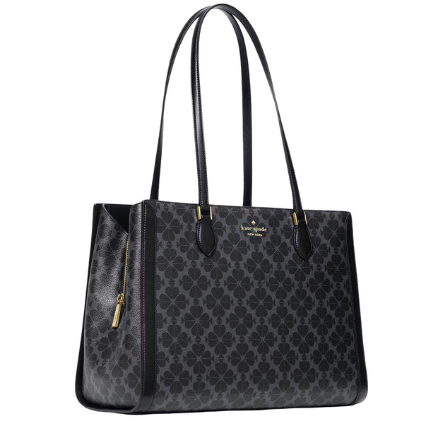 Side View of Kate Spade Signature Spade Flower East West Large Laptop Tote Bag - Black KI791
