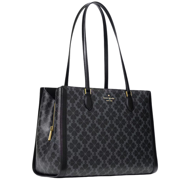 Side View of Kate Spade Signature Spade Flower East West Large Laptop Tote Bag - Black KI791