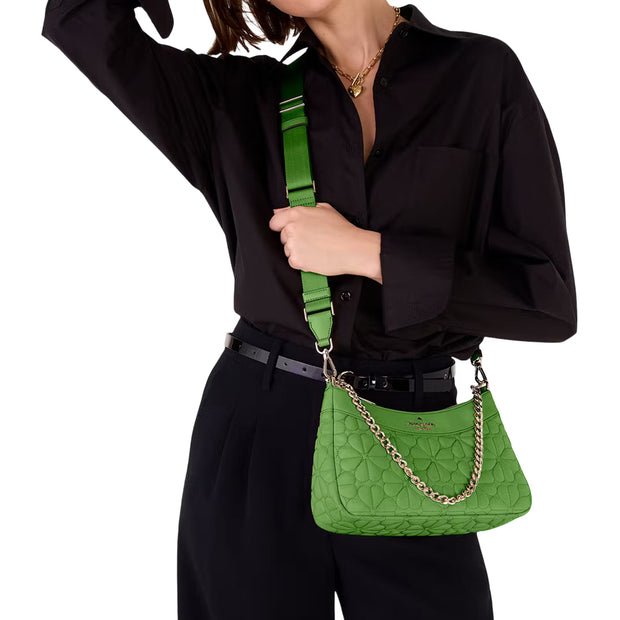 Model Wearing Kate Spade Spade Flower Quilted Fabric Convertible Crossbody Bag - KS Green KK077