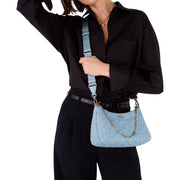 Model Wearing Kate Spade Spade Flower Quilted Fabric Convertible Crossbody Bag - Montauk Blue  KK077