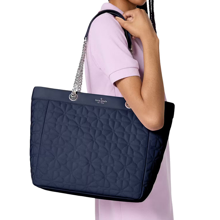 Model Wearing Kate Spade Spade Flower Quilted Fabric XL Tote Bag - Parisian Navy KK074