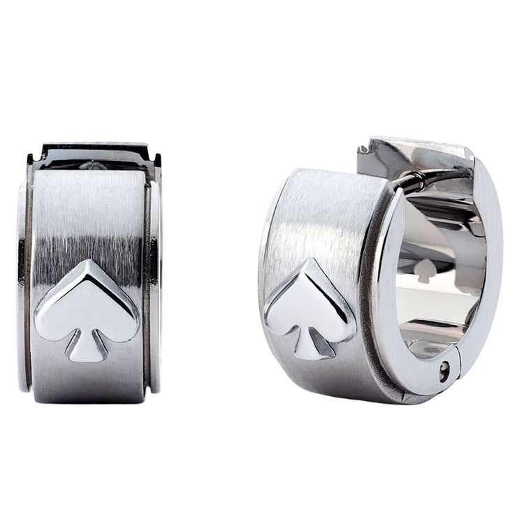 Front & Side View of Kate Spade Spot The Spade Metal Huggies Earrings - Silver KH267