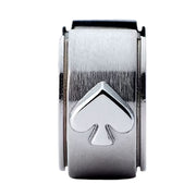 Closeup of Kate Spade Spot The Spade Metal Huggies Earrings - Silver KH267