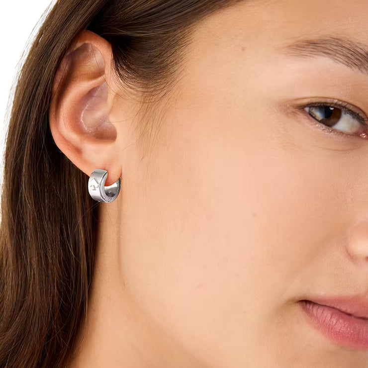 Model Wearing Kate Spade Spot The Spade Metal Huggies Earrings - Silver KH267