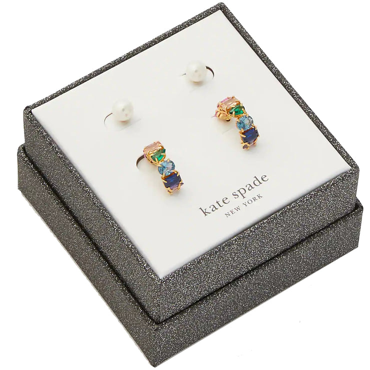 Kate Spade You're A Gem Studs & Huggies Earrings Boxed Set in Multi/ Cream KB021