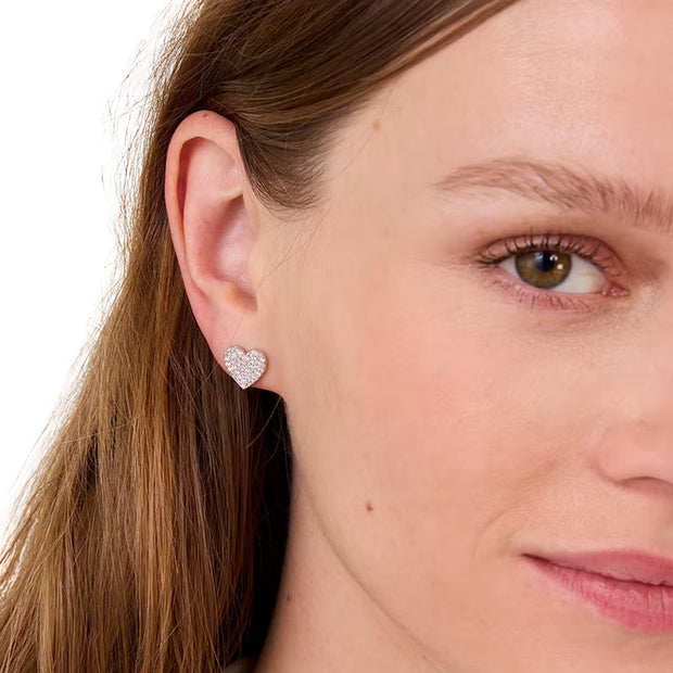 Model Wearing Kate Spade Yours Truly Pave Heart Studs Earrings - Silver O0R00154