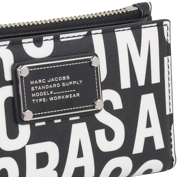 Closeup of Marc Jacobs Jumbled Logo Trademarc Medium Flat Wallet - Black/ White 4P4SMP027S02