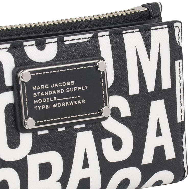 Closeup of Marc Jacobs Jumbled Logo Trademarc Medium Flat Wallet - Black/ White 4P4SMP027S02