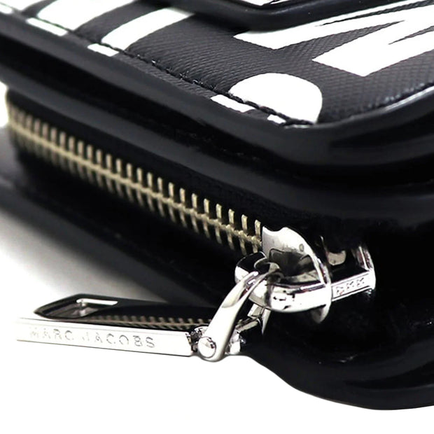 Closeup of Marc Jacobs Jumbled Logo Trademarc Mini Compact Wallet - Black/ White 4S4SMP009S02