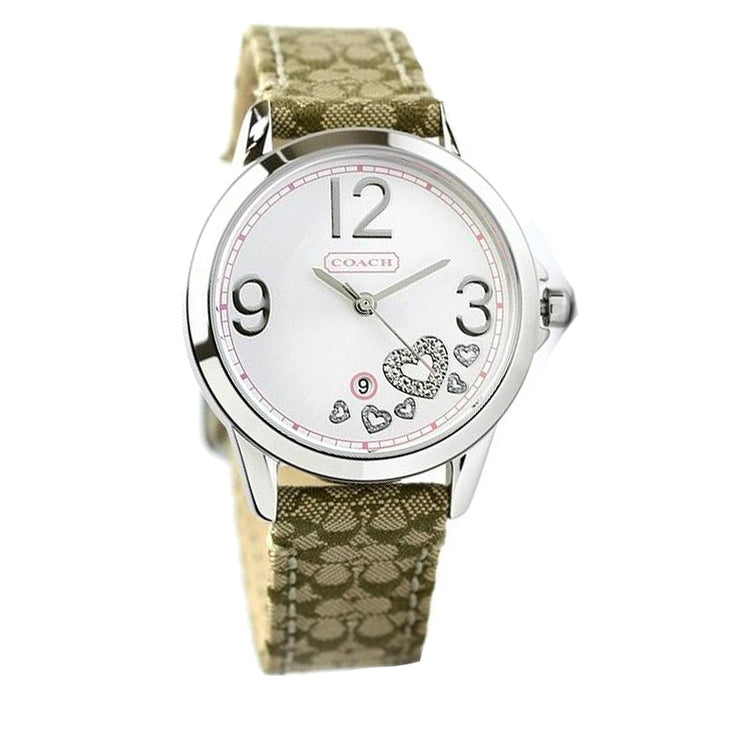 Coach Ladies' Signature Khaki Strap Watch w Crystal Heart