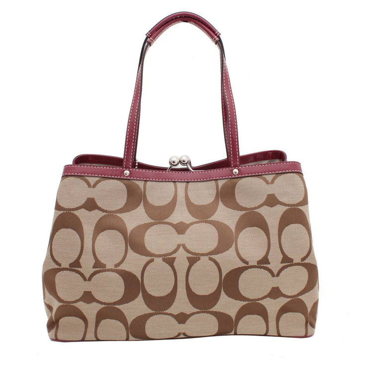 Coach Signature Stripe Framed Carryall Bag- Khaki Cranberry