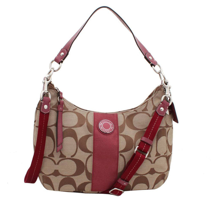 Coach Signature Stripe Convertible Hobo Bag- Khaki Cranberry