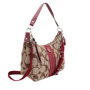 Coach Signature Stripe Convertible Hobo Bag- Khaki Cranberry