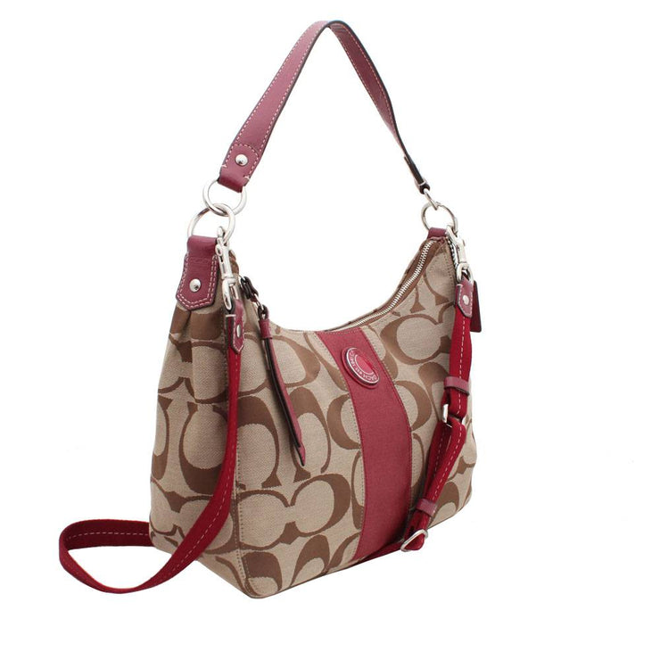 Coach Signature Stripe Convertible Hobo Bag- Khaki Cranberry