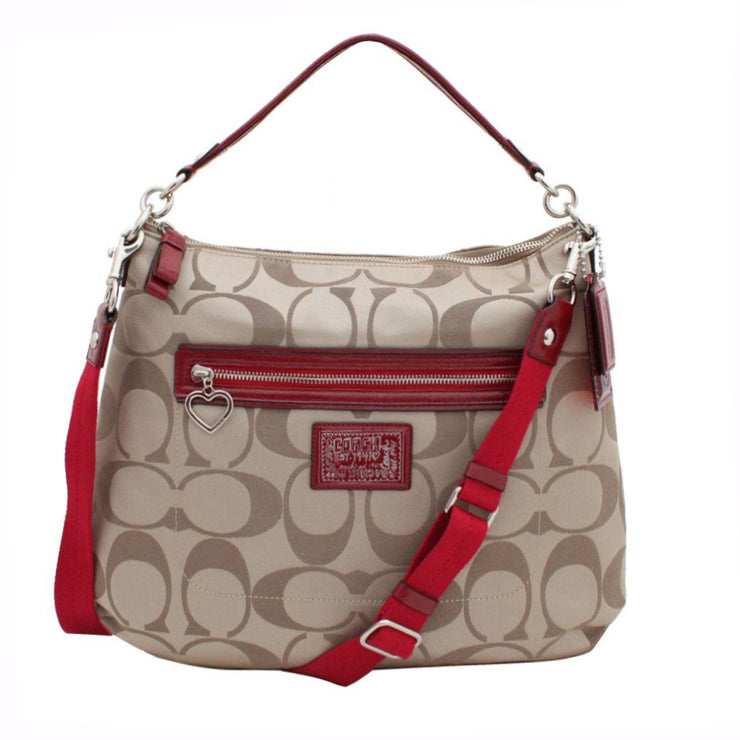 Coach Daisy Signature Convertible Hobo Bag- Khaki Red