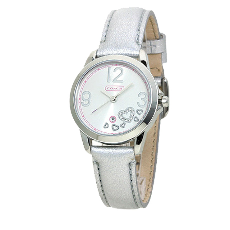 Coach Ladies' Silver Leather Strap Watch w Crystal Heart
