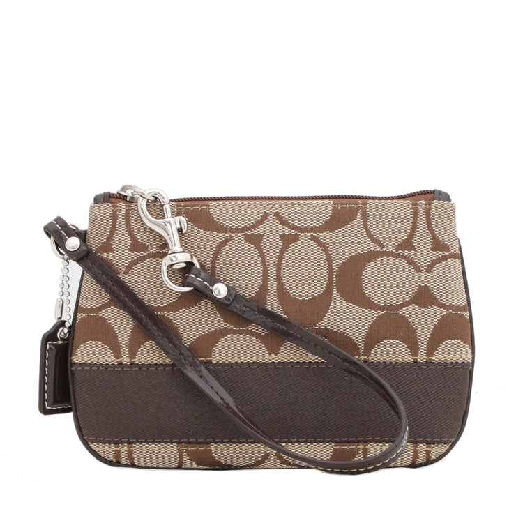 Coach Signature Stripe Wristlet- Khaki Mahagony