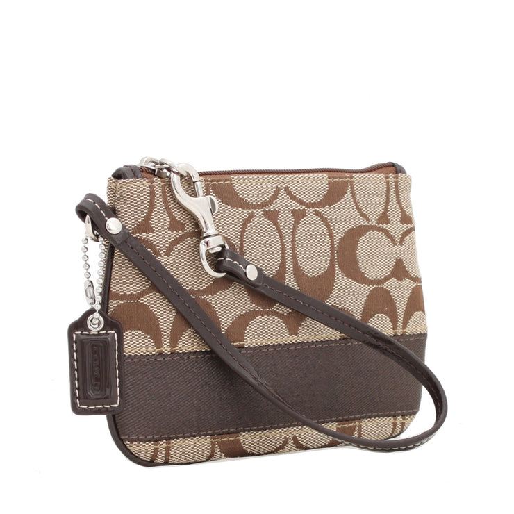 Coach Signature Stripe Wristlet- Khaki Mahagony