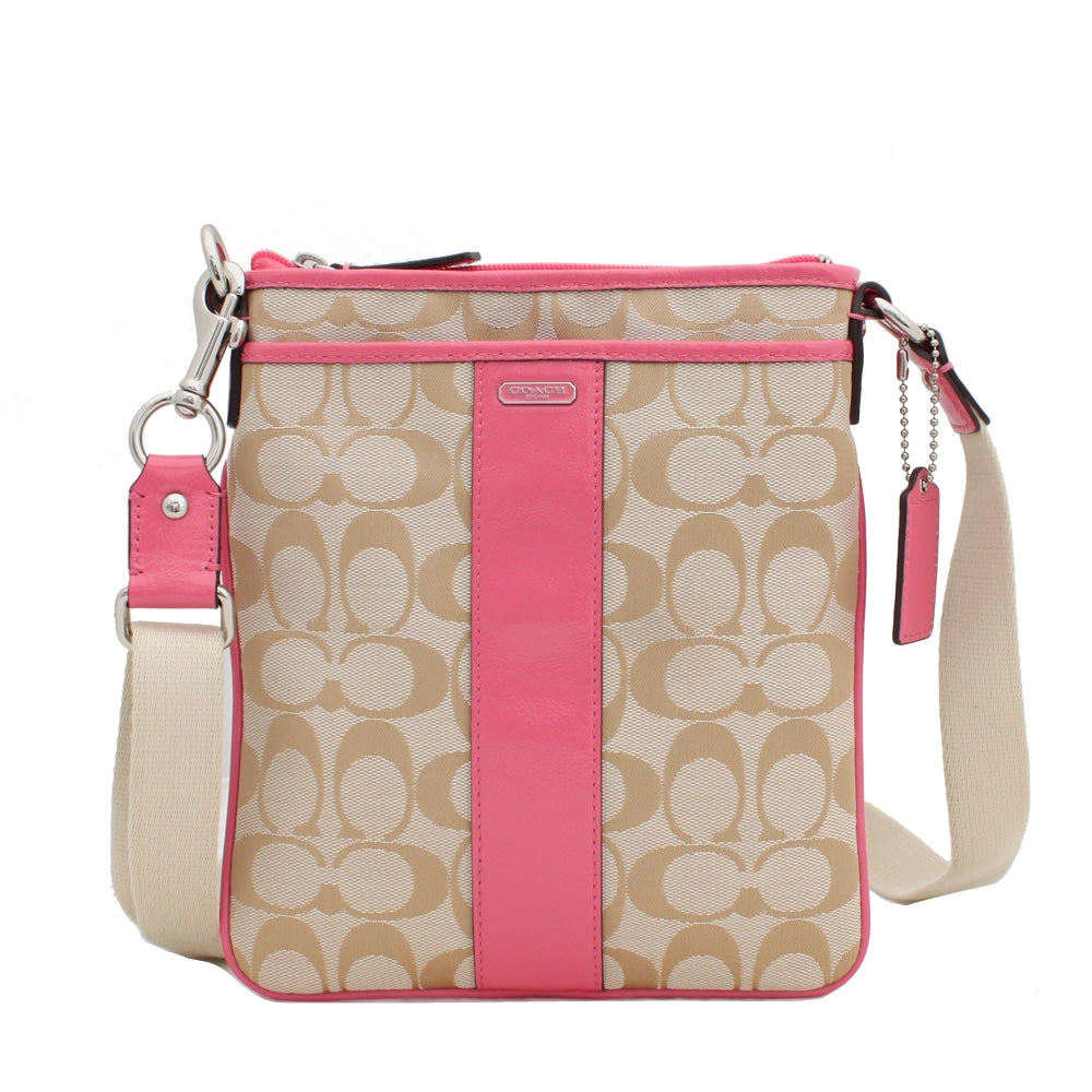 Bingo Item: JUST REDUCED! Coach Signature Logo Crossbody Rowan, Khaki with  Pink Trim, Outer zipper pocket and inner pocket