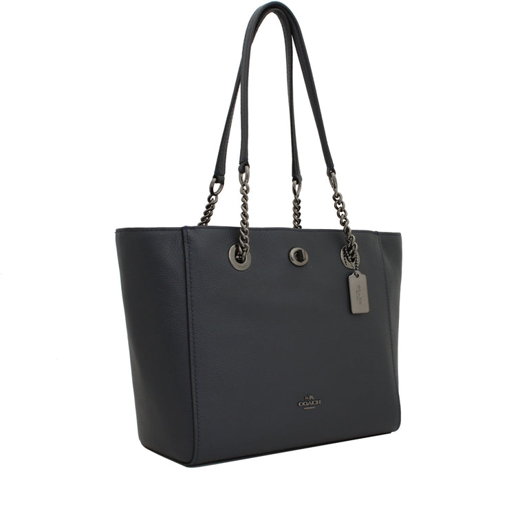 Coach 57107 Turnlock Chain Tote 27 Bag in Polished Pebble Leather- Navy