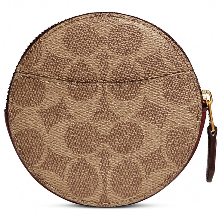 Coach 88767 Signature Canvas Round Coin Case with Rexy and Carriage- Tan/ Deep Red