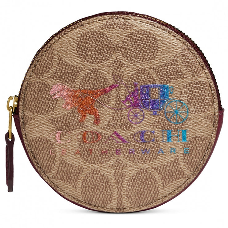 Coach 88767 Signature Canvas Round Coin Case with Rexy and Carriage- Tan/ Deep Red