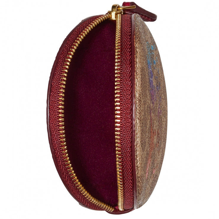 Coach 88767 Signature Canvas Round Coin Case with Rexy and Carriage- Tan/ Deep Red