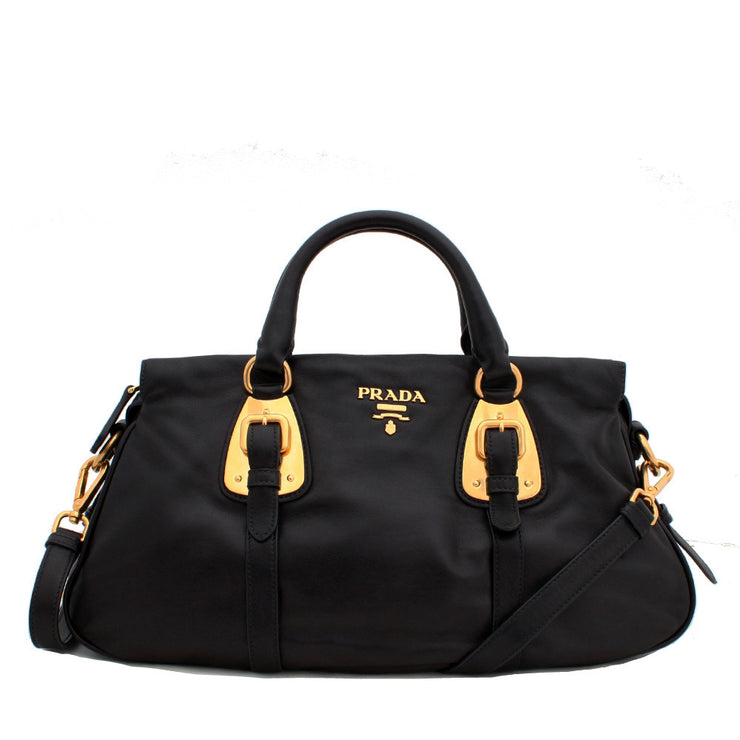Prada BN1903 Soft Calf Leather Top Handle Convertible Bag- Black