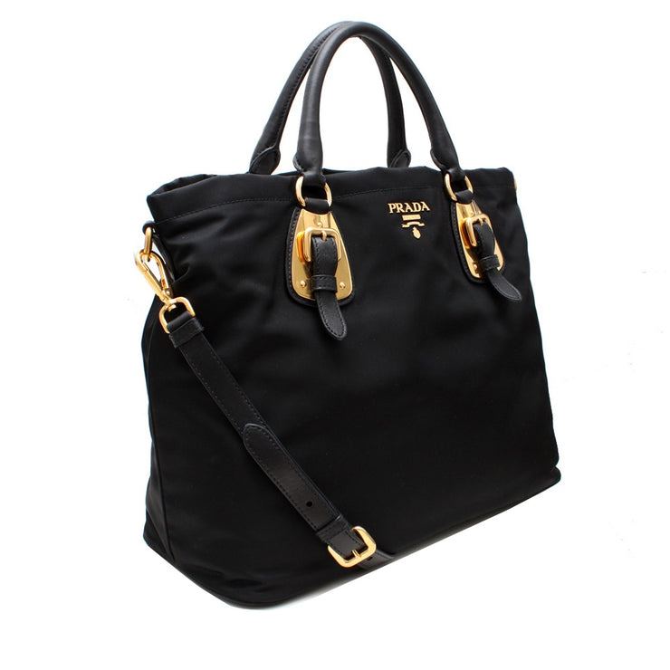 Prada BN1902 Tessuto Nylon Convertible Top Handle Long Tote Bag- Black