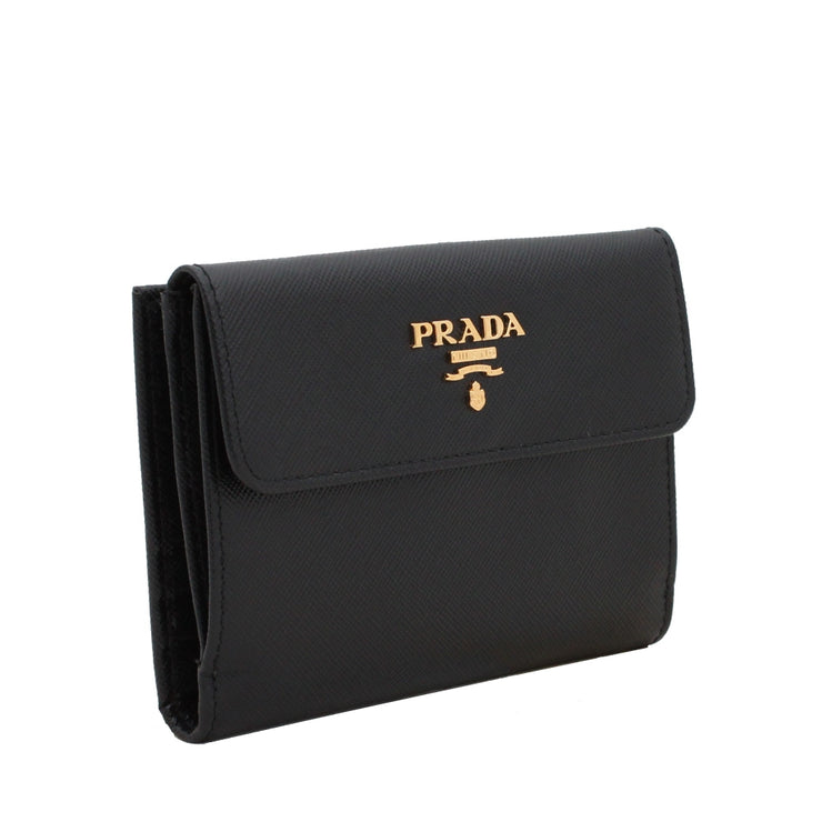 Prada 1M0523 Saffiano Leather French Wallet with Two Snap Closures- Black
