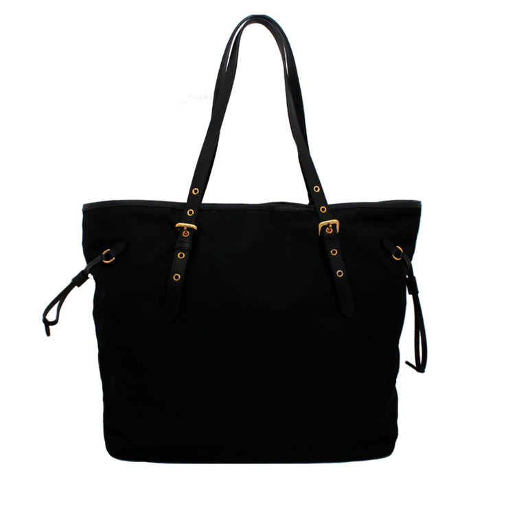 Prada 1BG997 Nylon Shoulder Tote Bag with Leather Drawstring- Black