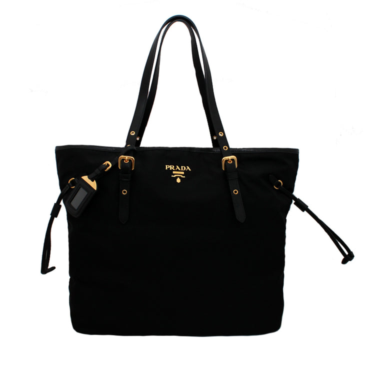 Prada 1BG997 Nylon Shoulder Tote Bag with Leather Drawstring- Black
