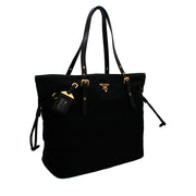 Prada BR4997 Nylon Shoulder Tote Bag with Leather Drawstring- Black