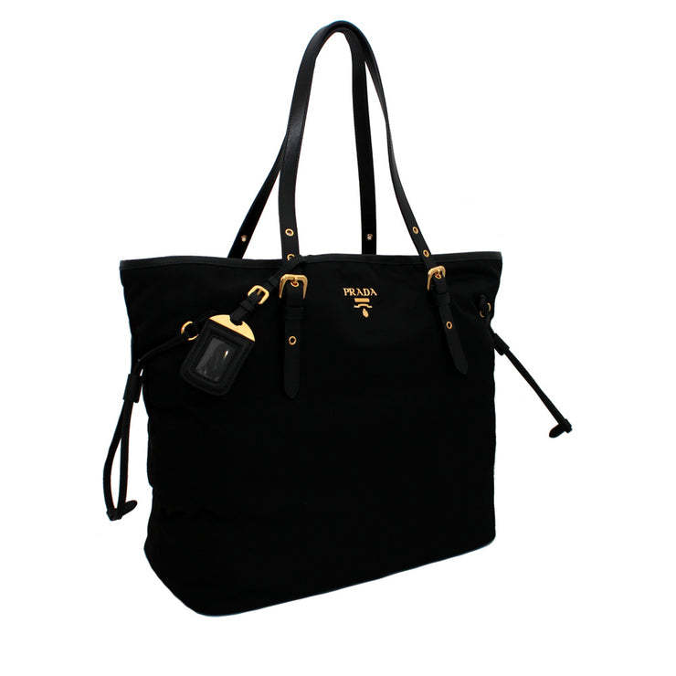 Prada BR4997 Nylon Shoulder Tote Bag with Leather Drawstring- Black