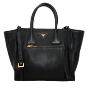 Prada Deerskin Leather Convertible Top Handle Tote Bag- Black