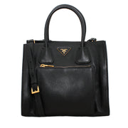 Prada Deerskin Leather Convertible Top Handle Tote Bag- Black