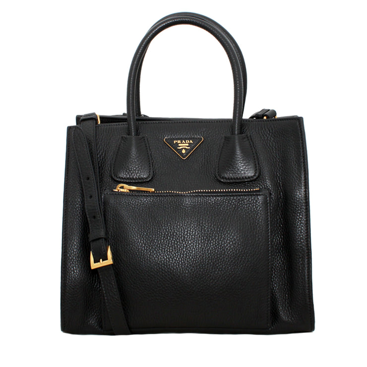 Prada Deerskin Leather Convertible Top Handle Tote Bag- Black