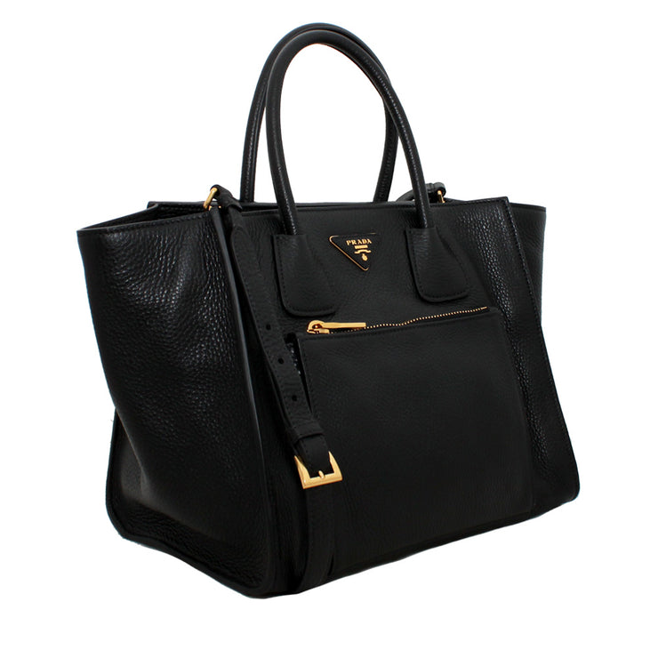 Prada Deerskin Leather Convertible Top Handle Tote Bag- Black
