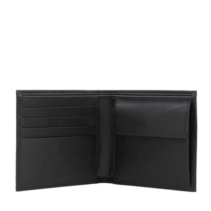 Prada 2MO738 Men's Saffiano Leather Bi-Colour Bifold Wallet with Coin Pouch & Logo- Black-Mercury