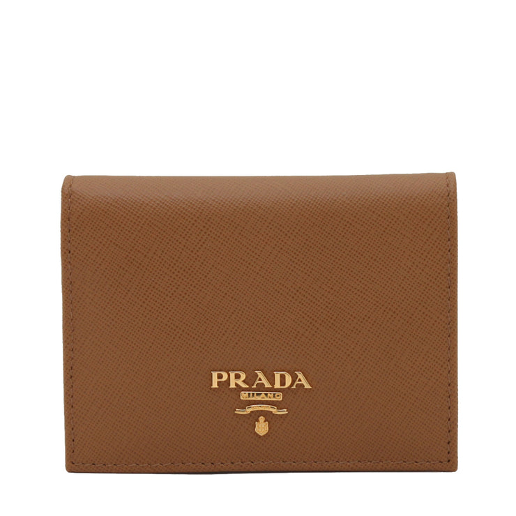 Prada 1M0204 Saffiano Multic Leather Short Bi-fold Clasp Slim Wallet- Caramel + Sabb