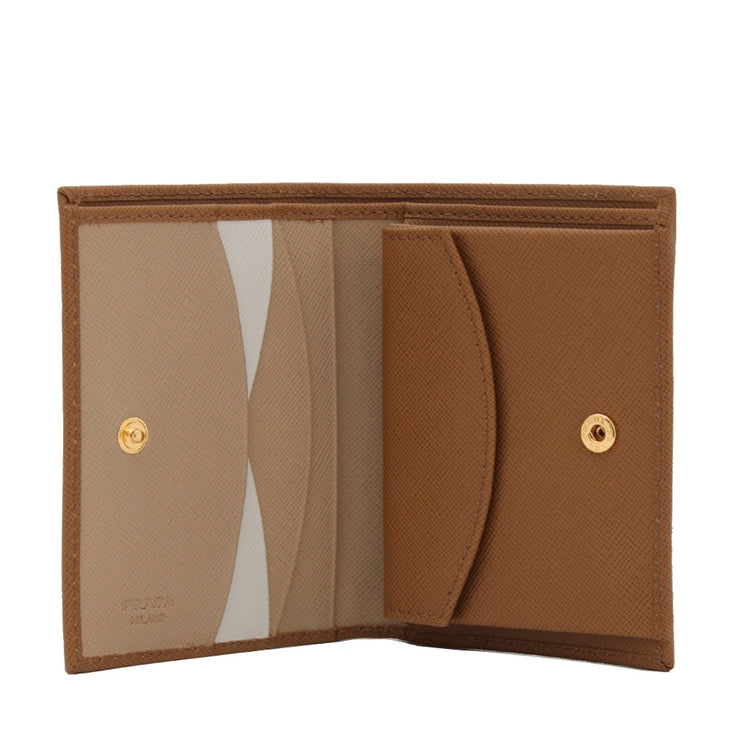 Prada 1M0204 Saffiano Multic Leather Short Bi-fold Clasp Slim Wallet- Caramel + Sabb
