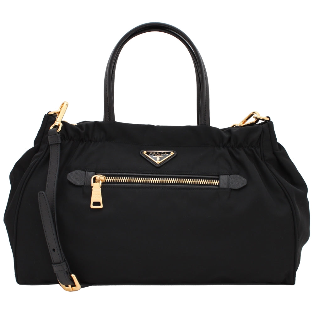 Prada B1843M Tessuto Nylon Saffiano Leather Trim Top Zip Bag- Black