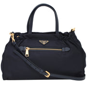 Prada B1843M Tessuto Nylon & Saffiano Leather Trim Top Zip Bag- Blue