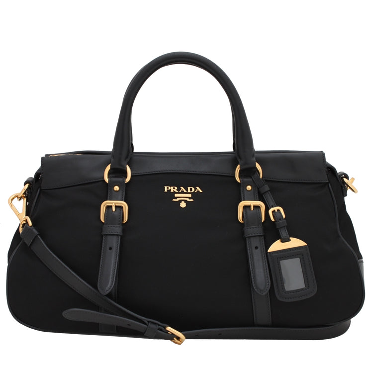 Prada BN2032 Tessuto Nylon & Soft Calf Leather Trim Top Handle Convertible Bag- Black