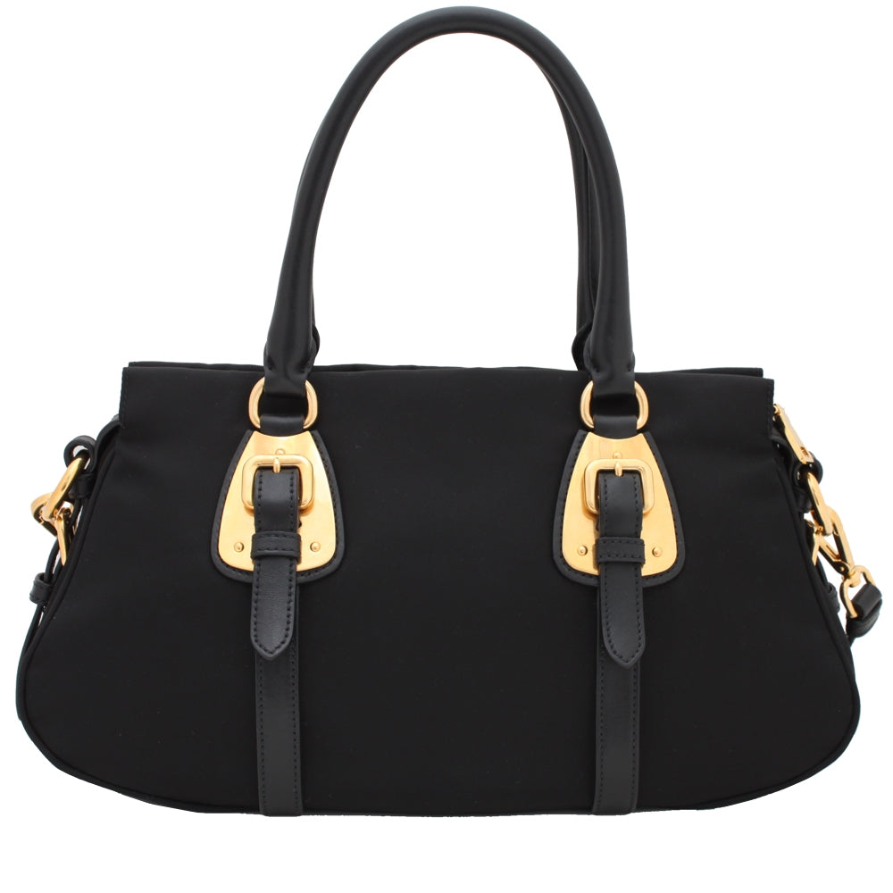 バッグ Prada Black Satin Handbag Prada Black Spazzolato Patent Leather Logo Top Handle Bag