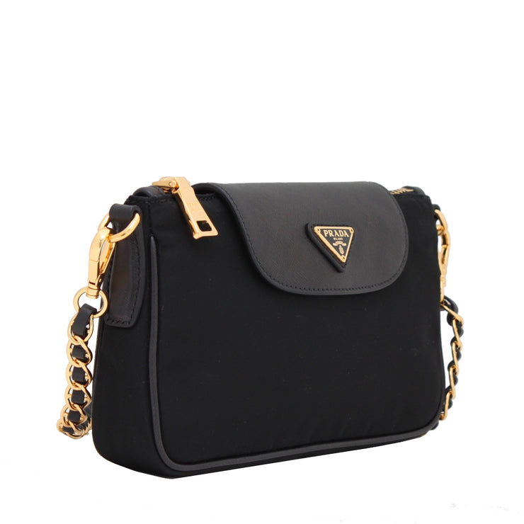 Prada Tessuto Nylon Saffiano Trim Chain Black Cross Body Bag